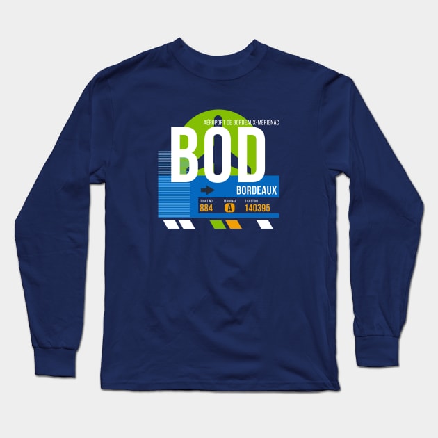 Bordeaux (BOD) Airport // Retro Sunset Baggage Tag Long Sleeve T-Shirt by Now Boarding